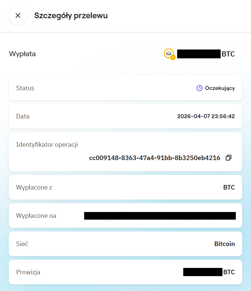Redacted screenshot of pending withdrawal details